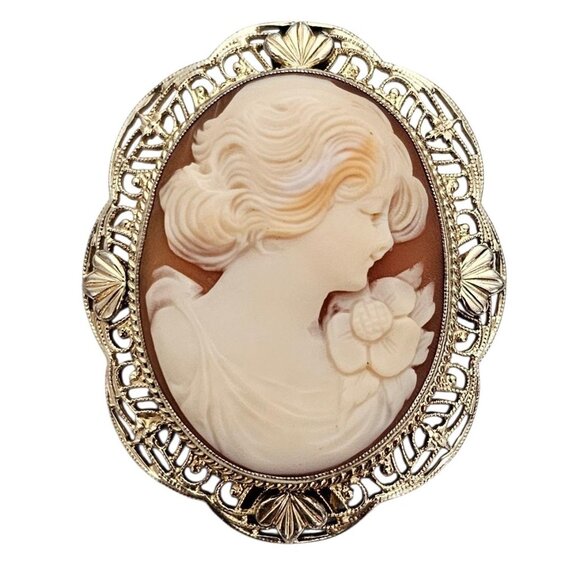 Symmetalic Sterling 12K Gold Shell Carved Cameo Brooch Pendant, Signed - Picture 11 of 11